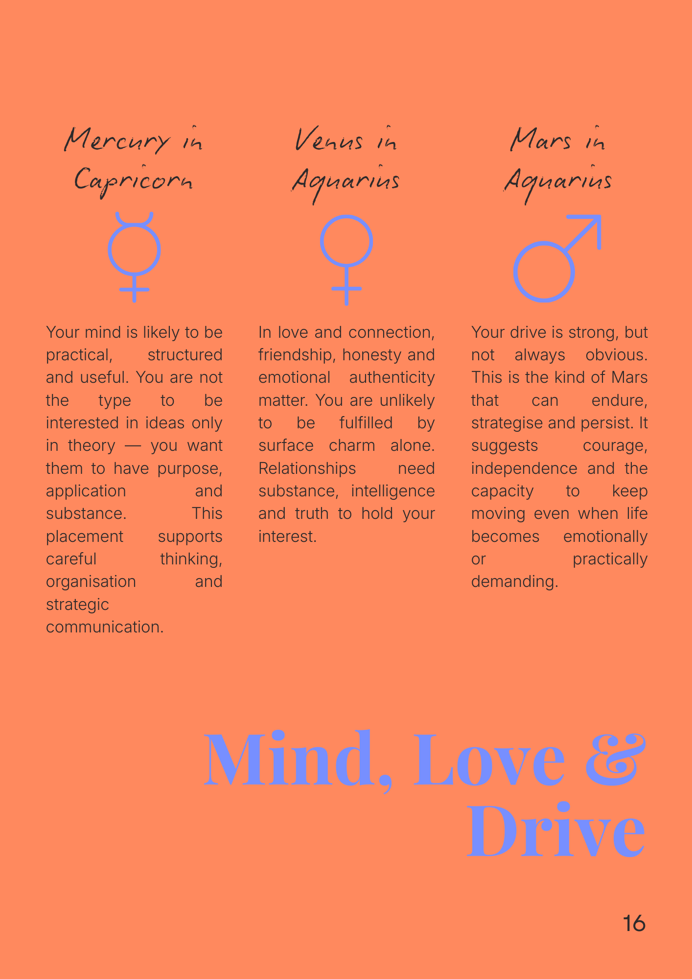 Example page from personalised astrology reading booklet with symbols and descriptions on an orange background