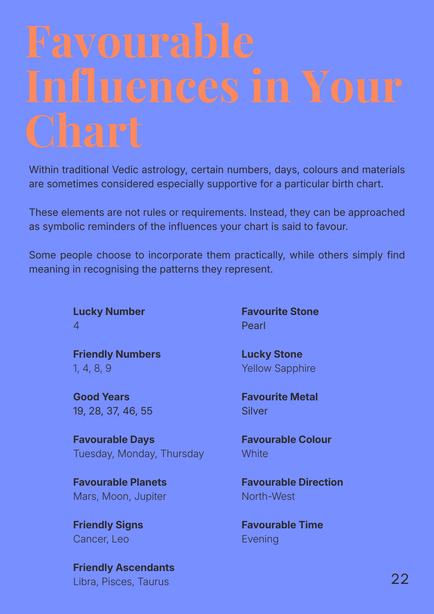 Sheet of paper with text about favourable influences (luck number, lucky stone) in astrology on a blue background