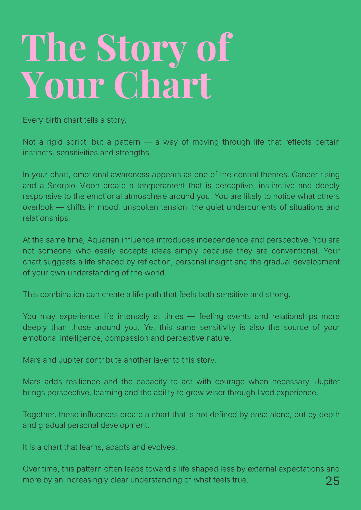 Text on a green background explaining the concept of a personalised astrology birth chart and its story.