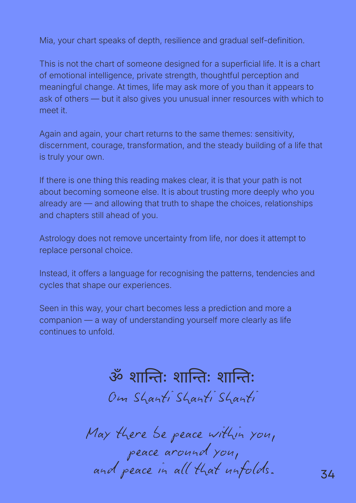 Text on a blue background with astrological and philosophical commentary from personalised vedic astrology reading.