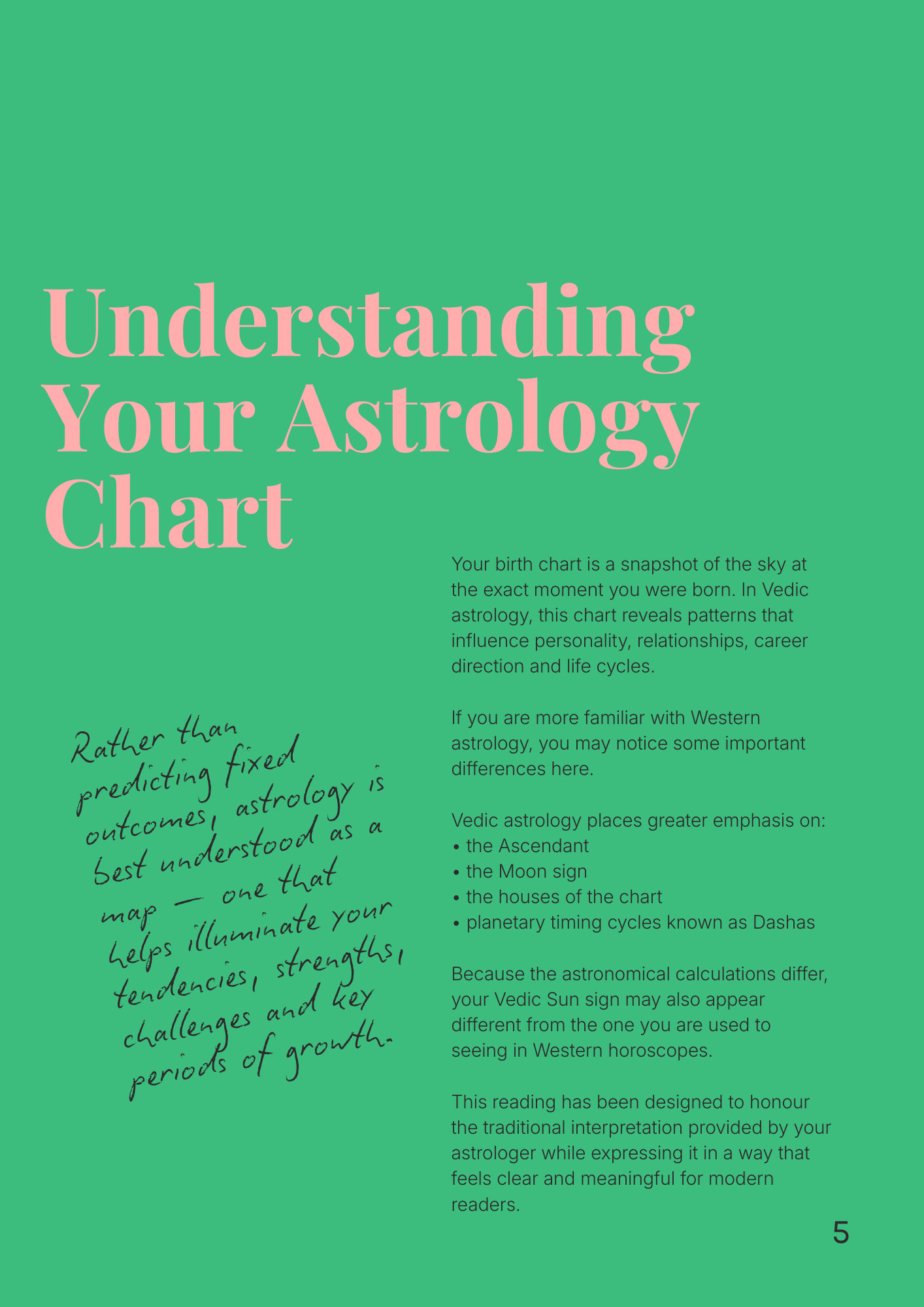 Page from a personalised astrology digital booklet explaining astrology with text on a green background