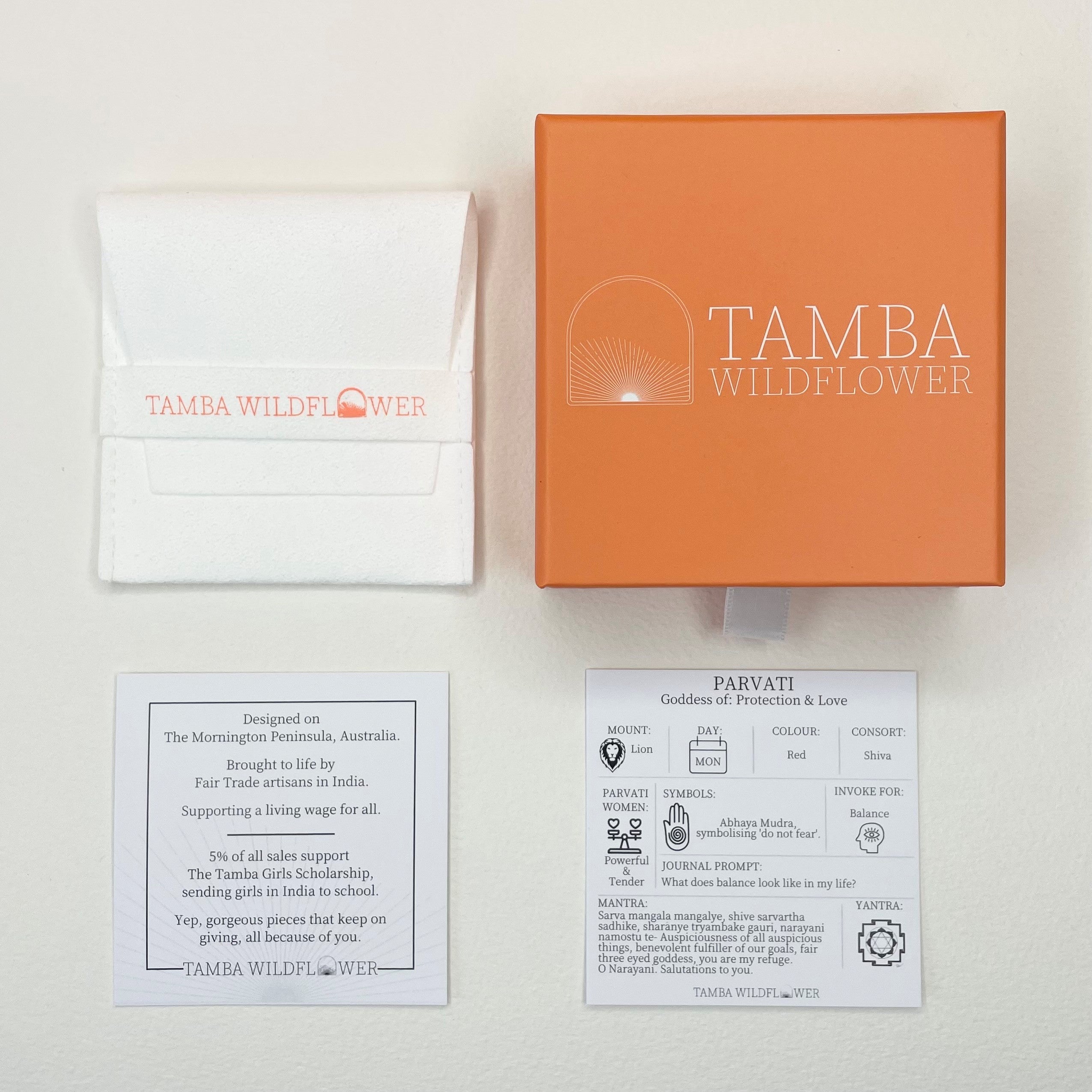 Parvati delicate stamped gold pendant necklace packaging.